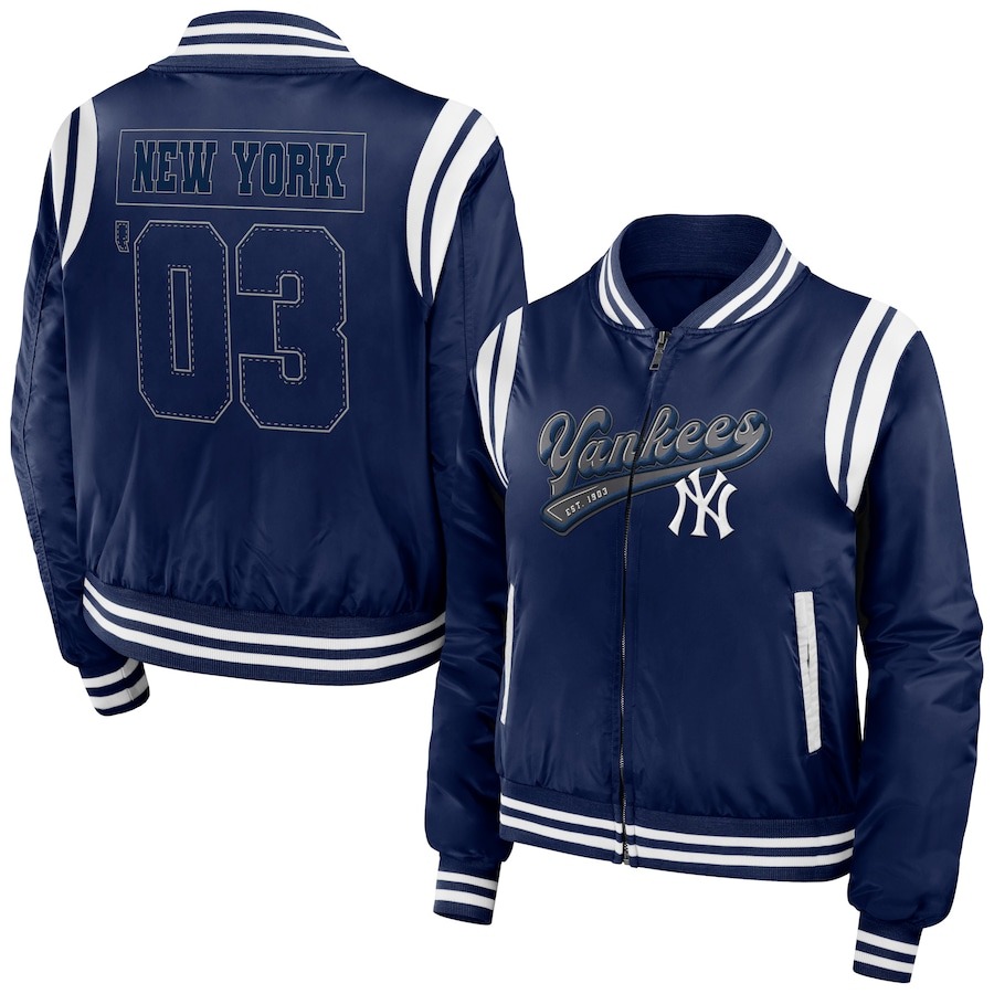 WEAR by Erin Andrews New York Yankees Women's Navy Football Bomber Full-Zip Jacket